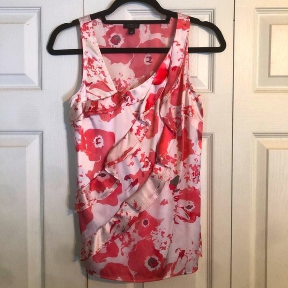 ANN TAYLOR XS Silk Blend Pink Cream Floral Asymmetrical Ruffle Layer Sleeveless